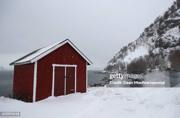 General view of an out building or sheld by the Altafjord near Alta on March 27, 2017 in Finnmark, Norway.