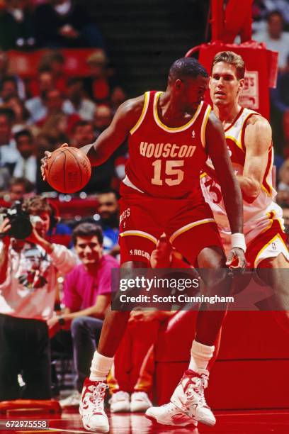 Tree Rollins of the Houston Rockets posts up against the Atlanta Hawks during a game played circa 1990 at the Omni in Atlanta, Georgia. NOTE TO USER:...