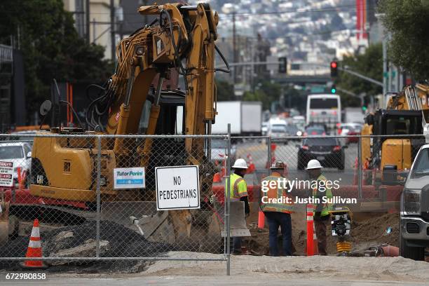 Construction crews conduct repairs on Brannan Street on April 25, 2017 in San Francisco, California. According to a analysis brief commissioned by...