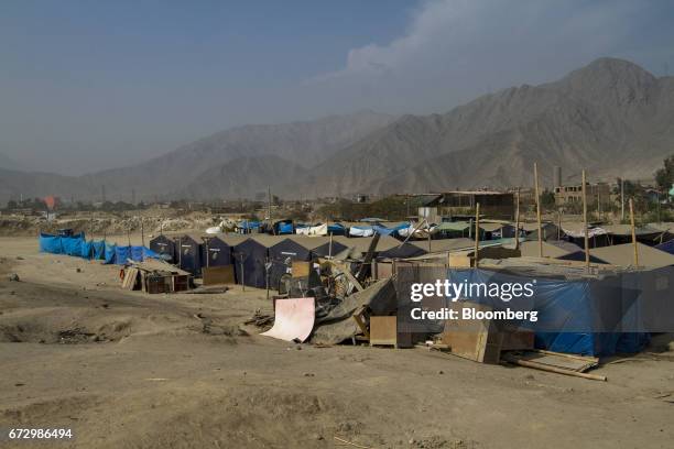 Tents stand at a temporary housing camp near the destroyed village of Cajamarquilla, Chosica district in Lima, Peru, on Saturday, April 22, 2017....