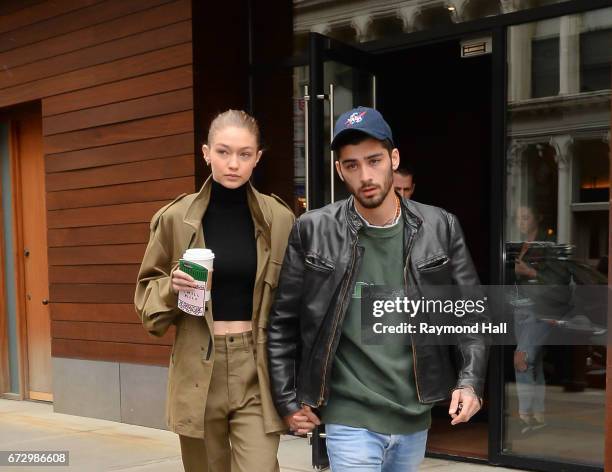 Model Gigi Hadid and singer Zayn Malik are seen walking in Soho on April 25, 2017 in New York City.