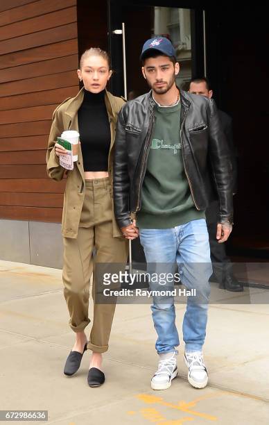 Model Gigi Hadid and singer Zayn Malik are seen walking in Soho on April 25, 2017 in New York City.