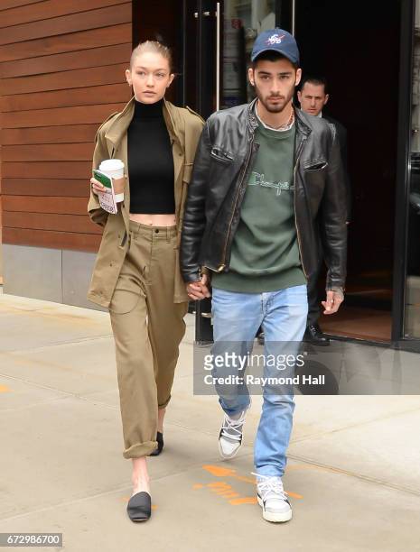 Model Gigi Hadid and singer Zayn Malik are seen walking in Soho on April 25, 2017 in New York City.