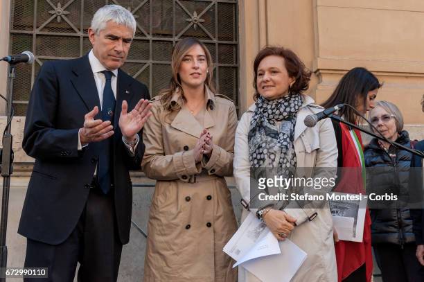 Senator Pierfinando Casini, Maria Elena Boschi, Undersecretary, Ruth Dureghello President of the Jewish Community, during the Event in Rome to...
