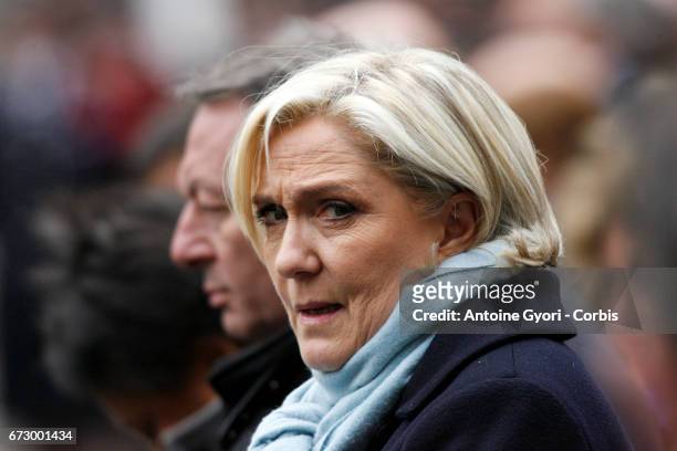 French Presidential Election candidate Marine Le Pen attends the National tribute to fallen French Policeman Xavier Jugele on April 25, 2017 in...