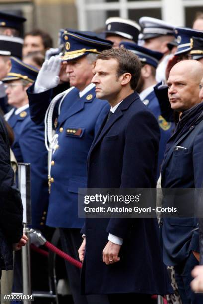 French Presidential Election candidate Emmanuel Macron attends the National tribute to fallen French Policeman Xavier Jugele on April 25, 2017 in...