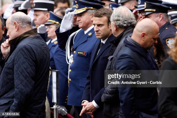 French Presidential Election candidate Emmanuel Macron attends the National tribute to fallen French Policeman Xavier Jugele on April 25, 2017 in...