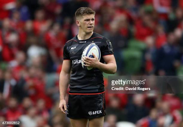 Owen Farrell of Saracens looks on during the European Rugby Champions Cup semi final match between Munster and Saracens at the Aviva Stadium on April...