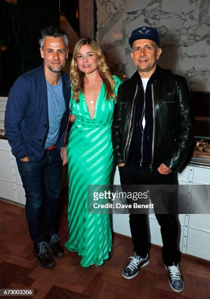 Richard Bacon, Kate Bryan and Marc Quinn attend a pre-opening dinner hosted by Kate Bryan at Zobler's Delicatessen at The Ned London on April 25,...