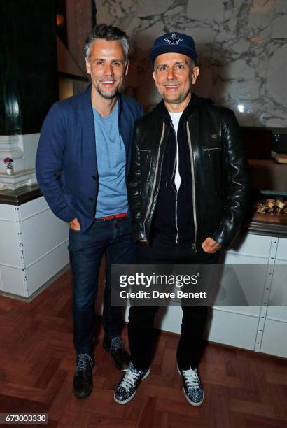 Richard Bacon and Marc Quinn attend a pre-opening dinner hosted by Kate Bryan at Zobler's Delicatessen at The Ned London on April 25, 2017 in London,...