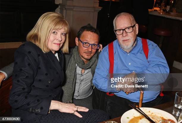 Chrissie Blake, Jonathan Yeo and Sir Peter Blake attend a pre-opening dinner hosted by Kate Bryan at Zobler's Delicatessen at The Ned London on April...
