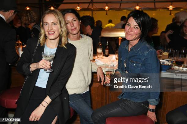 Polly Morgan, guest and Sue Webster attend a pre-opening dinner hosted by Kate Bryan at Zobler's Delicatessen at The Ned London on April 25, 2017 in...