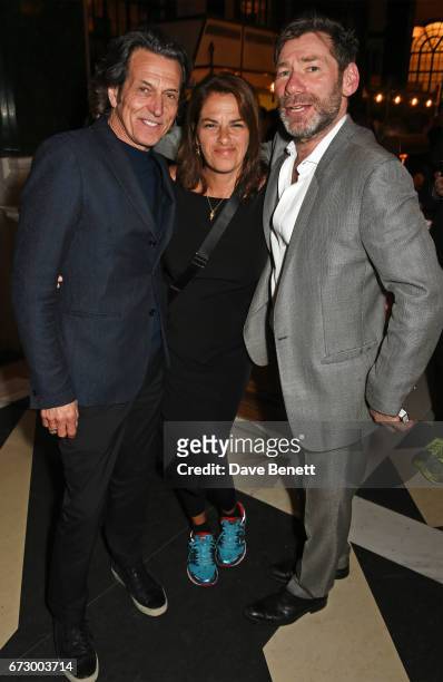 Stephen Webster, Tracey Emin and Mat Collishaw attend a pre-opening dinner hosted by Kate Bryan at Zobler's Delicatessen at The Ned London on April...