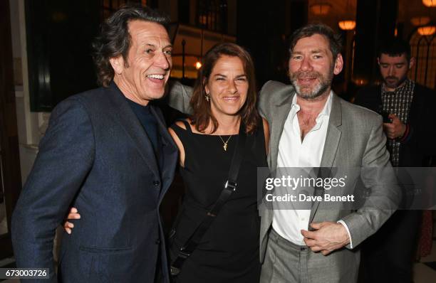 Stephen Webster, Tracey Emin and Mat Collishaw attend a pre-opening dinner hosted by Kate Bryan at Zobler's Delicatessen at The Ned London on April...