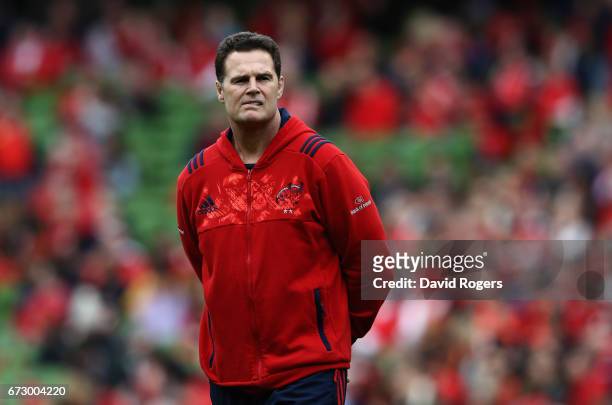 Rassie Erasmus, the Munster head coach looks on prior to the European Rugby Champions Cup semi final match between Munster and Saracens at the Aviva...