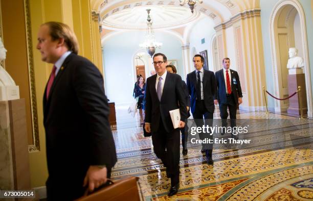 Treasury Secretary Steve Mnuchin arrives to a a closed meeting with Congressional leaders to discuss tax reform on April 25, 2017 in Washington, DC.