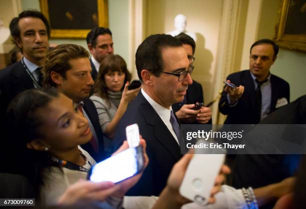 Treasury Secretary Steve Mnuchin departs a closed meeting with Congressional leaders to discuss tax reform on April 25, 2017 in Washington, DC.