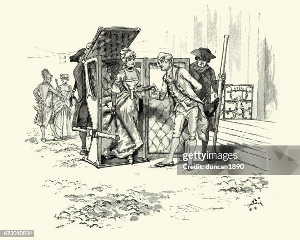 bildbanksillustrationer, clip art samt tecknat material och ikoner med gentleman helping a lady out of a sedan chair - höviskhet