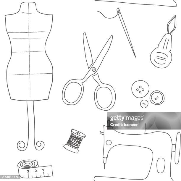 sewing utilities white doodle wallpaper seamless pattern retro design - spool thread stock illustrations