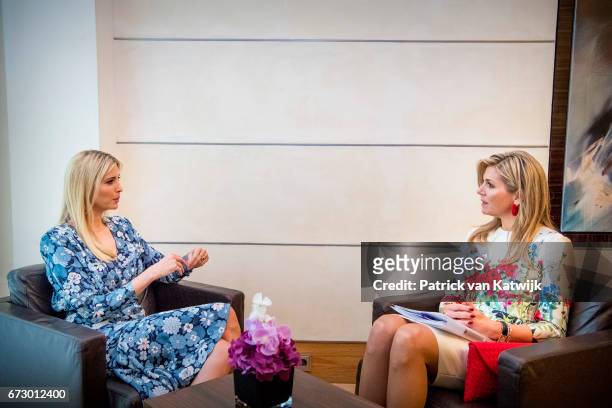 First Daughter and Advisor to the US President Ivanka Trump and Queen Maxima of The Netherlands attend the W20 conference on April 25, 2017 in...