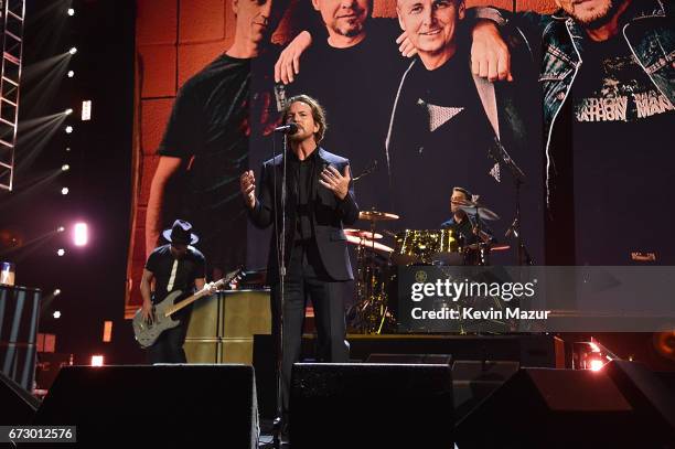 Eddie Vedder of Pearl Jam performs onstage during the 32nd Annual Rock & Roll Hall Of Fame Induction Ceremony at Barclays Center on April 7, 2017 in...