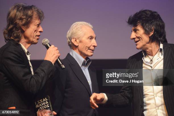 Mick Jagger, Charlie Watts and Ronnie Wood of The Rolling Stones accept the award for Album Of The Year: Public Vote for their album 'Blue &...