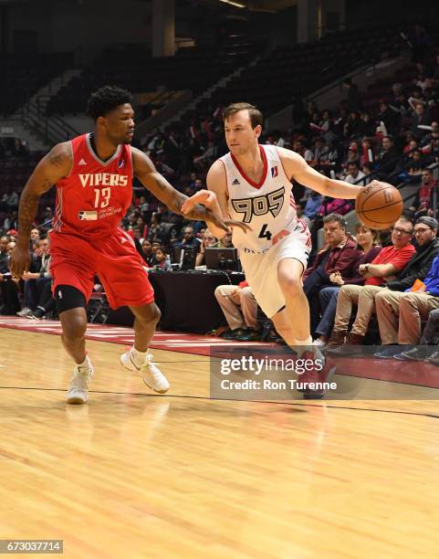 April 25: Brady Heslip of the Raptors 905 handles the ball against Julien Lewis of the Rio Grande Valley Vipers at the Hershey Centre on April 25,...