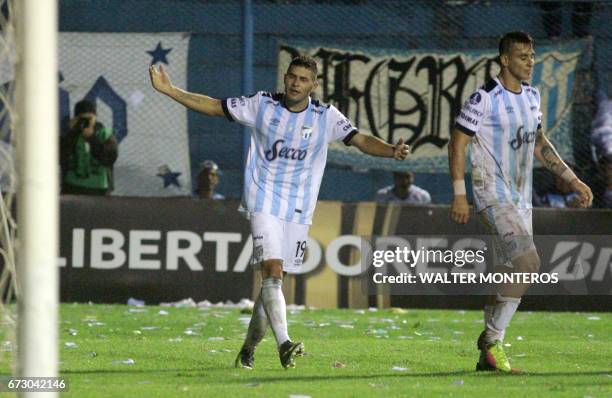 Argentinian Atletico Tucuman player David Barbona celebrates after scoring against Bolivian Wilstermann, during their Libertadores Cup football match...