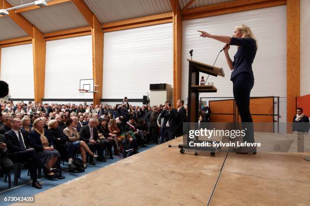 French far-right National Front deputy Marion Marechal Le Pen holds a campaign meeting on April 25, 2017 at Salle Durandal in Lecluse, France.