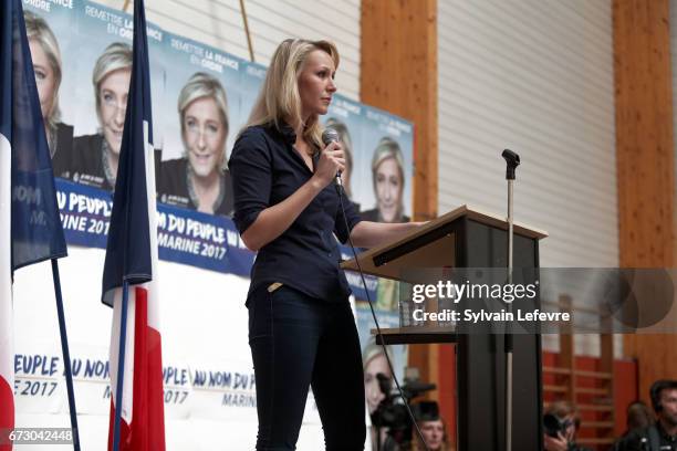 French far-right National Front deputy Marion Marechal Le Pen holds a campaign meeting on April 25, 2017 at Salle Durandal in Lecluse, France.