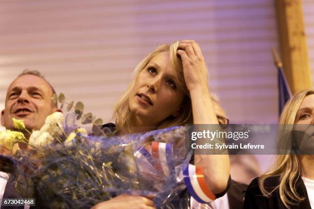 French far-right National Front deputy Marion Marechal Le Pen holds a campaign meeting on April 25, 2017 at Salle Durandal in Lecluse, France.