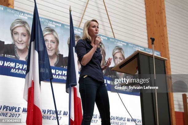 French far-right National Front deputy Marion Marechal Le Pen holds a campaign meeting on April 25, 2017 at Salle Durandal in Lecluse, France.