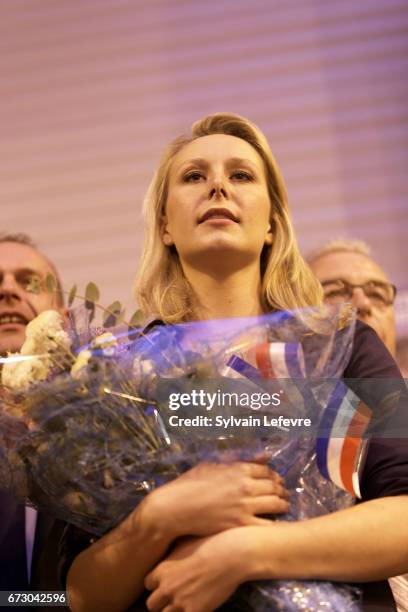 French far-right National Front deputy Marion Marechal Le Pen holds a campaign meeting on April 25, 2017 at Salle Durandal in Lecluse, France.