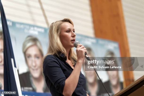 French far-right National Front deputy Marion Marechal Le Pen holds a campaign meeting on April 25, 2017 at Salle Durandal in Lecluse, France.