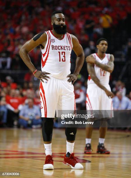 James Harden of the Houston Rockets during the first quarter of Game Five of the Western Conference Quarterfinals game of the 2017 NBA Playoffs at...