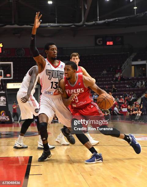 April 25: Darius Morris of the Rio Grande Valley Vipers drives to the basket against Antwaine Wiggins of the Raptors 905 during Game Two of the...