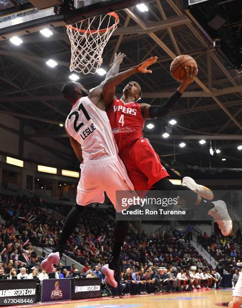 April 25: Jarvis Threatt of the Rio Grande Valley Vipers goes up for the shot against CJ Leslie of the Raptors 905 during Game Two of the D-League...