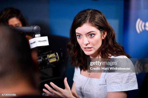 Lorde talks with XM Radio hosts Michael Yo, Tony Fly and Symon on ÔHits 1 in HollywoodÕ on SiriusXM Hits 1 channel at the SiriusXM Studios in Los...