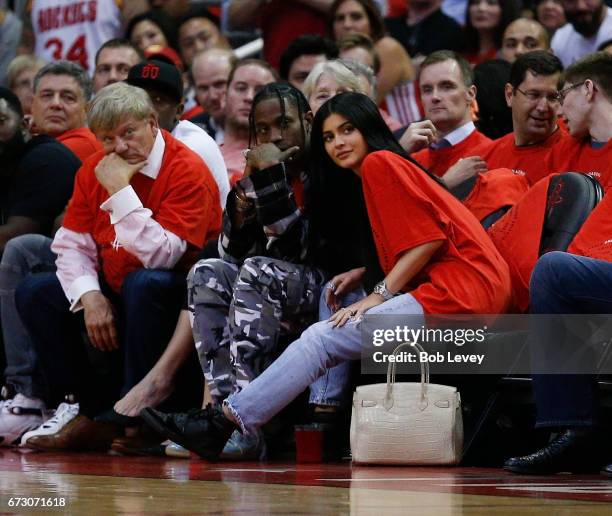 Houston rapper Travis Scott and Kylie Jenner watch courtside during Game Five of the Western Conference Quarterfinals game of the 2017 NBA Playoffs...