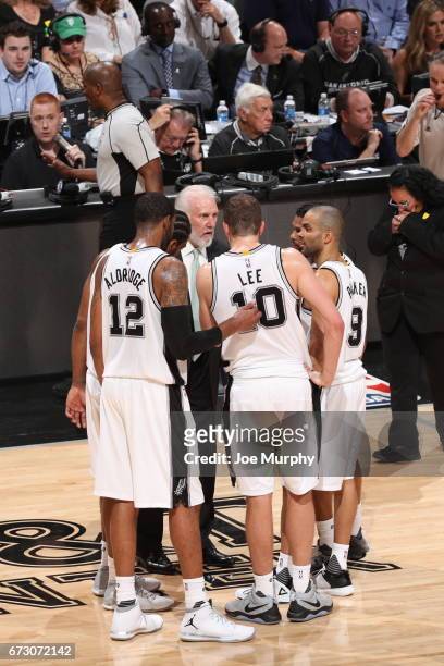 The San Antonio Spurs huddle up during the game against the Memphis Grizzlies during Game Five of the Western Conference Quarterfinals of the 2017...
