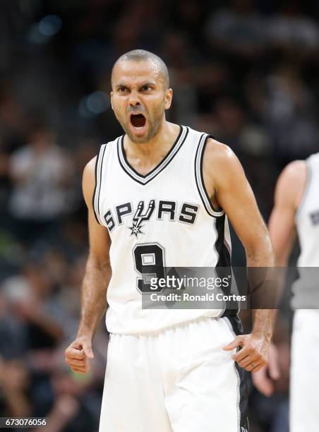 Tony Parker of the San Antonio Spurs reacts after a basket against the Memphis Grizzlies in Game Five of the Western Conference Quarterfinals during...