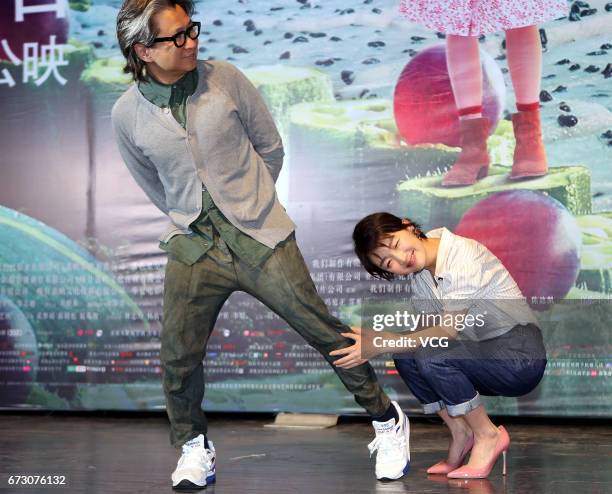 Actress Zhou Dongyu and film producer Peter Chan attend the premiere of film "This is not What I Expected" on April 25, 2017 in Chengdu, Sichuan...