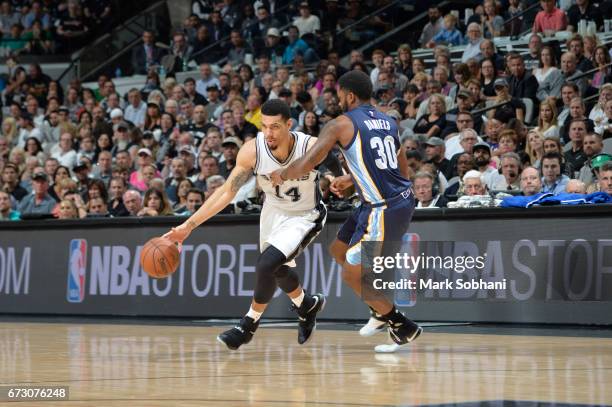 Danny Green of the San Antonio Spurs handles the ball against the Memphis Grizzlies during Game Five of the Western Conference Quarterfinals of the...