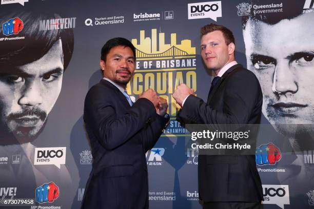 Manny Pacquiao and Jeff Horn face off during a press conference at Suncorp Stadium on July 2nd on April 26, 2017 in Brisbane, Australia.