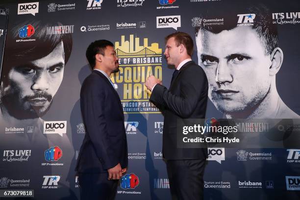 Manny Pacquiao and Jeff Horn face off during a press conference at Suncorp Stadium on July 2nd on April 26, 2017 in Brisbane, Australia.