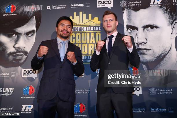 Manny Pacquiao and Jeff Horn face off during a press conference at Suncorp Stadium on July 2nd on April 26, 2017 in Brisbane, Australia.