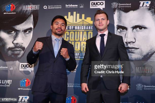 Manny Pacquiao and Jeff Horn face off during a press conference at Suncorp Stadium on July 2nd on April 26, 2017 in Brisbane, Australia.