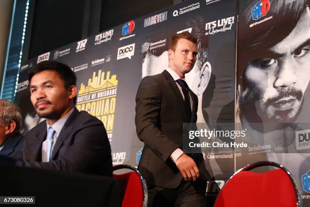 Manny Pacquiao and Jeff Horn during a press conference at Suncorp Stadium on July 2nd on April 26, 2017 in Brisbane, Australia.