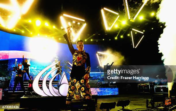 Musician Luke Steele of Empire of the Sunperforms in the Sahara Tent during day 3 of the 2017 Coachella Valley Music & Arts Festival