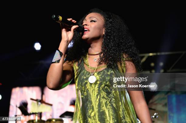 Gloria Goyo Martínez from Choc Quib Town performs during Pandora Noche De Musica at Ice Palace Films Studios on April 25, 2017 in Miami, Florida.